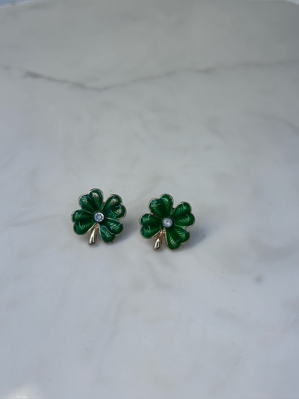 Vintage Avon green Four-Leaf Clover Stud Earrings with Crystal Accent